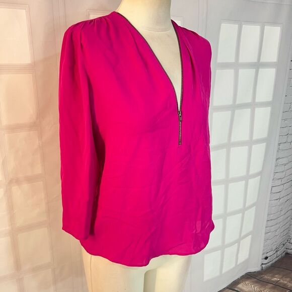 Theory 3/4 sleeve fuchsia hot pink silk zipper neckline blouse size petite - Picture 4 of 14